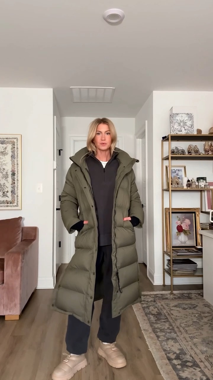 Realistic cold weather outfit! 
White long sleeve: runs tts, wearing size small. 
Half zip. Wearing size small, color is ‘vintage black’ 
Joggers: wearing size small, color ‘vintage black’ 
Hunter mules: run slightly small, size up if you’re in between sizes. 
Super puff: wearing size small 

#LTKStyleTip #LTKHoliday #LTKGiftGuide