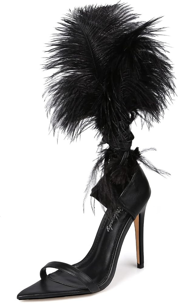 Women's Sandals Feather Pointed Toe Stiletto High Heels Shoes | Amazon (US)