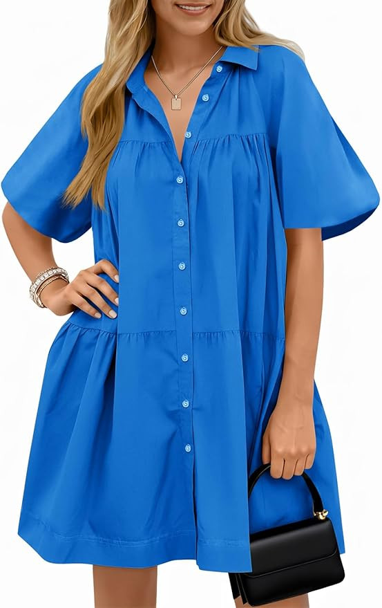 Wenrine Women's Summer Button Down Shirt Dress Floral Puff Short Sleeve Casual Loose Fit Beach Mi... | Amazon (US)