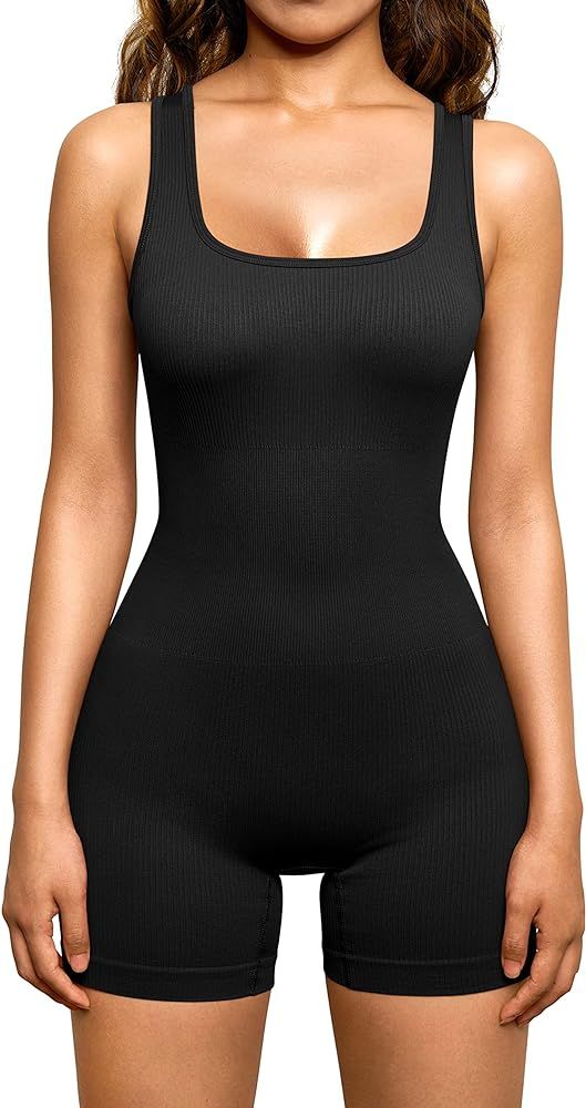 Women's Yoga Rompers One Piece Ribbed Square Neck Exercise Tank Tops Romper | Amazon (US)