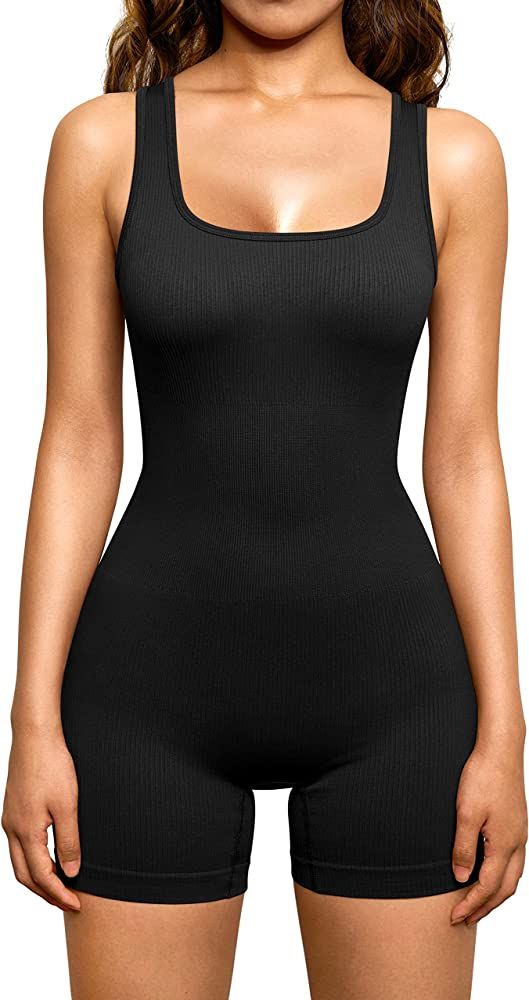 Women's Yoga Rompers One Piece Ribbed Square Neck Exercise Tank Tops Romper | Amazon (US)