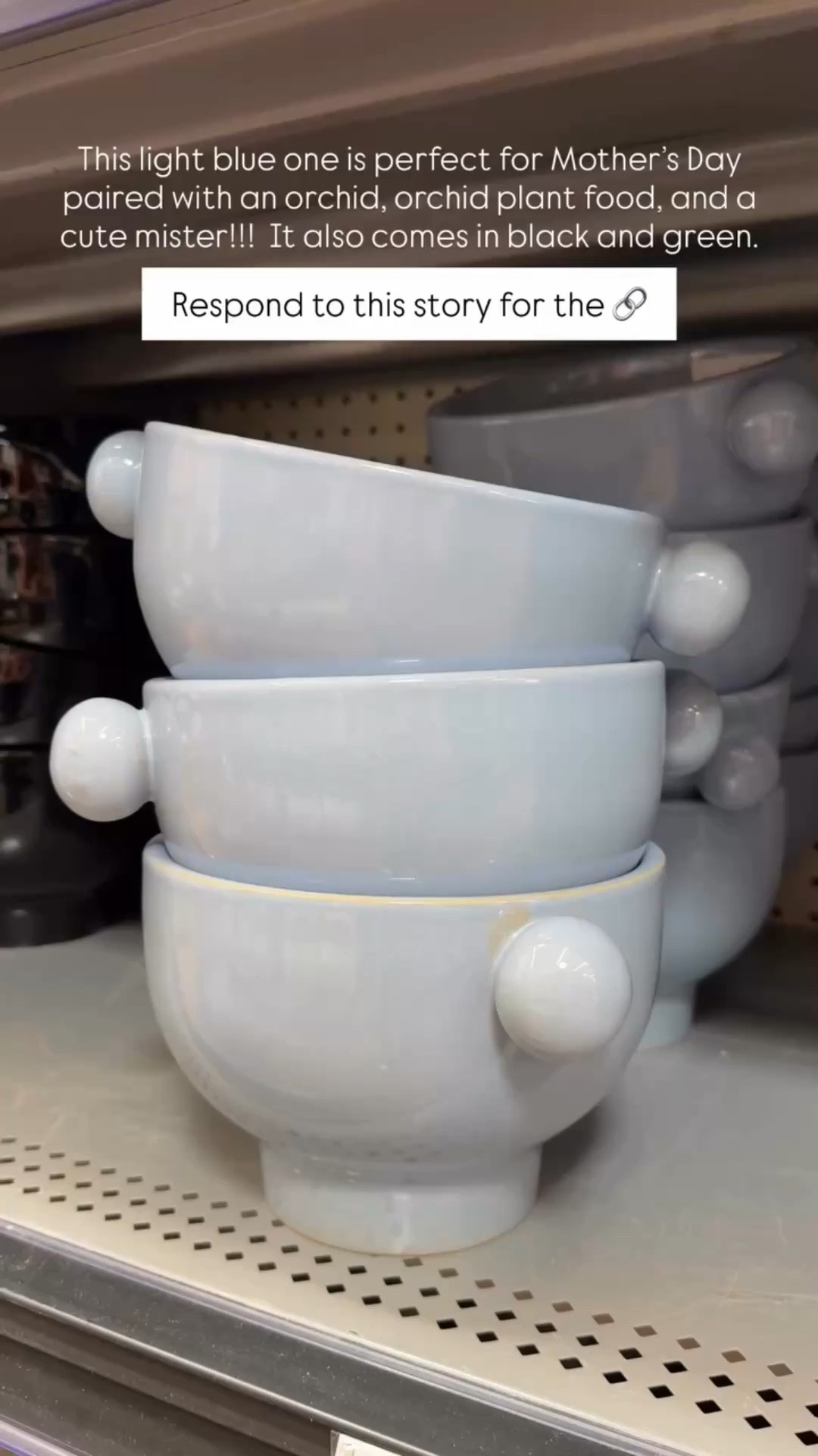 Respond to this story for the 🔗 This light blue one is perfect for Mother’s Day paired with an orchid, orchid plant food, and a cute mister!!! It also comes in black and green.