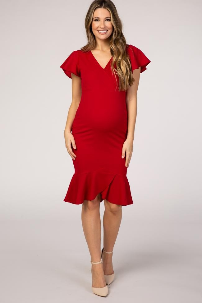 PinkBlush Red Ruffle Accent Fitted Maternity Wrap Dress | PinkBlush Maternity