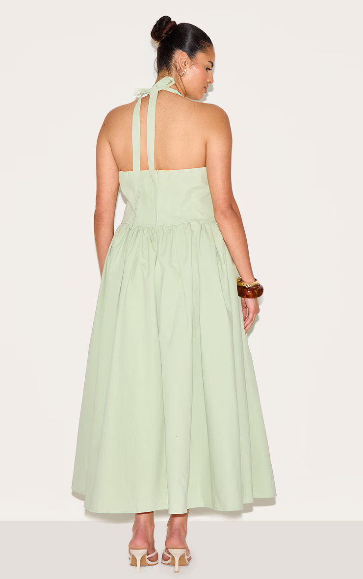 Plus Sage Green Halterneck Tie Detail Midaxi Dress | PrettyLittleThing US