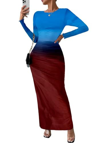 MARZXIN Women Long Sleeve Maxi Dress Bodycon Ruched Formal Slim Fit Tie Dye Dress Formal Mesh Dress Gradient Blue M | Amazon (US)