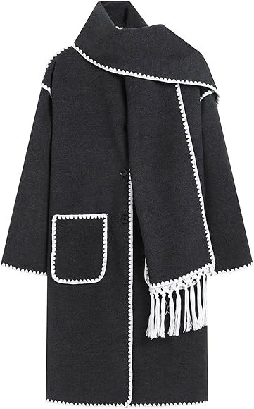 CQBXTP Women's Stylish Embroidered Tassel Scarf Long Wool Peacoat Oversized Single Breasted Woole... | Amazon (CA)