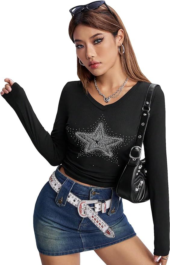 SweatyRocks Women's Graphic Print Color Block Tee Tops Casual Long Sleeve Crop T Shirts | Amazon (US)