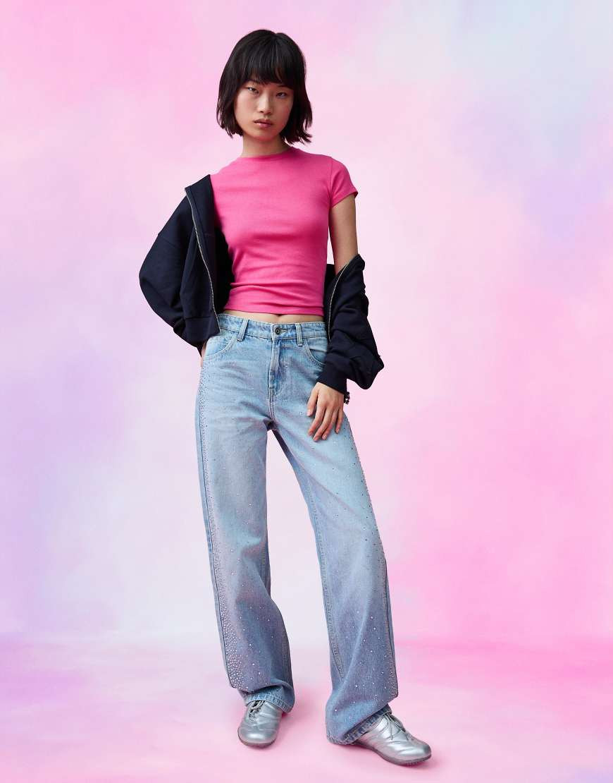 Bershka High-waist shimmery straight wide-leg jeans in mid blue | ASOS (Global)