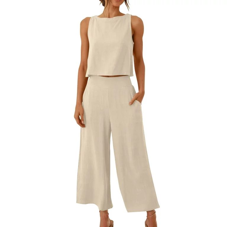 Zyekqe Lounge Set for Women Cotton Linen Sleeveless Tank Crop Top Wide Leg Pants Matching Sets | Walmart (US)