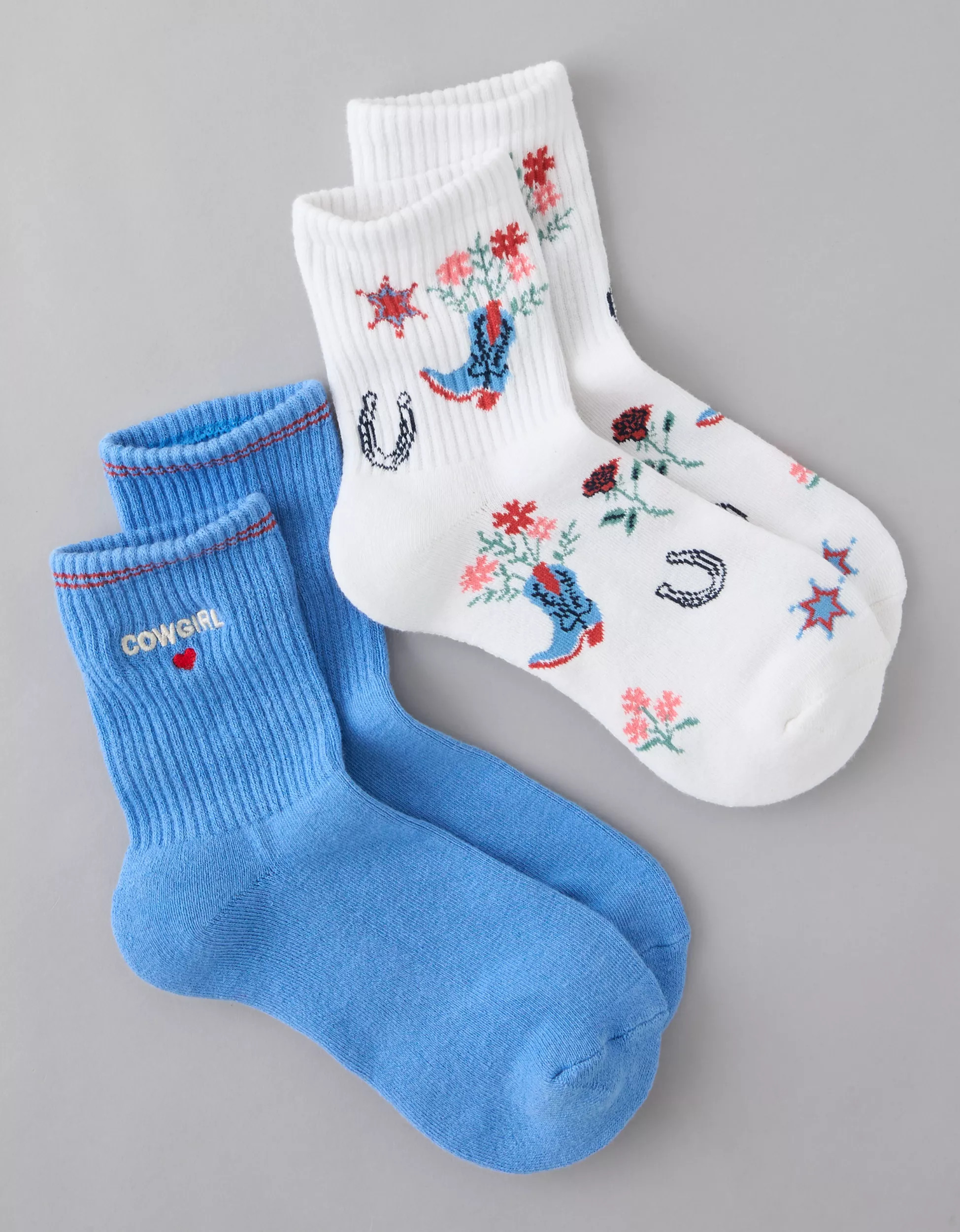 AE Cowgirl Graphic Cropped Crew Socks 2-Pack | American Eagle Outfitters (US & CA)