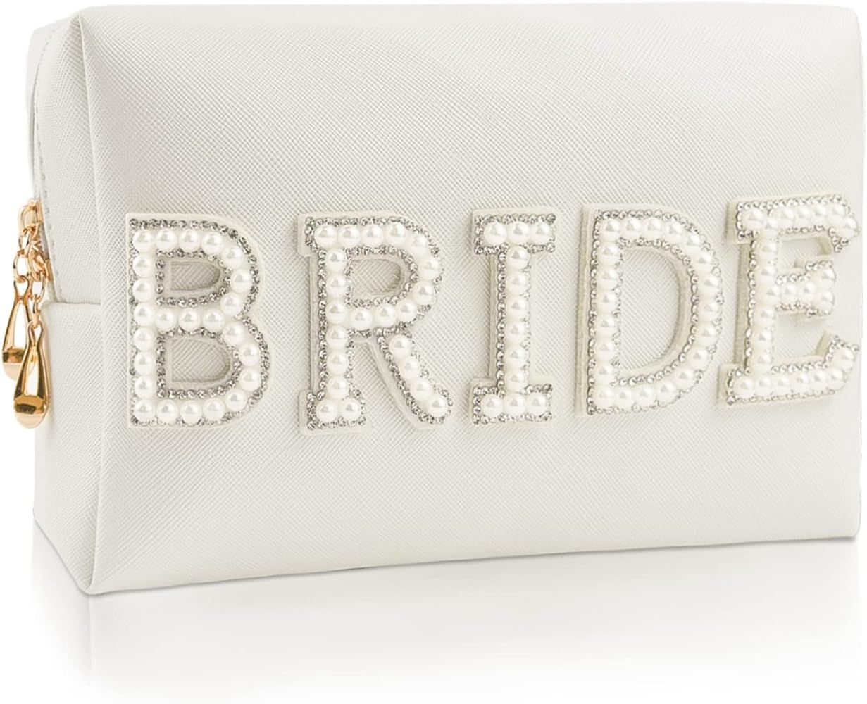 Bride Patch Letter Makeup Bag for Women Bridesmaid Engagement Gift for Her White Pearl Rhinestone... | Amazon (US)