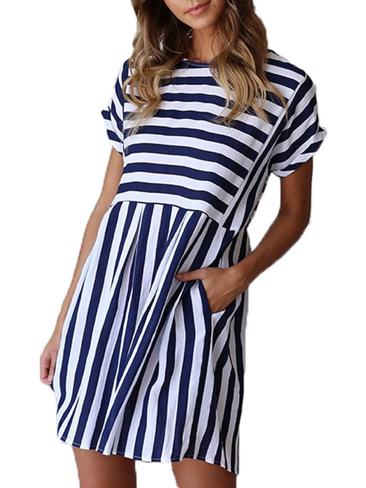 Naggoo Womens Summer Striped Short Sleeve T-Shirt Dresses Casual Swing Aline Dresses with Pocket | Amazon (US)