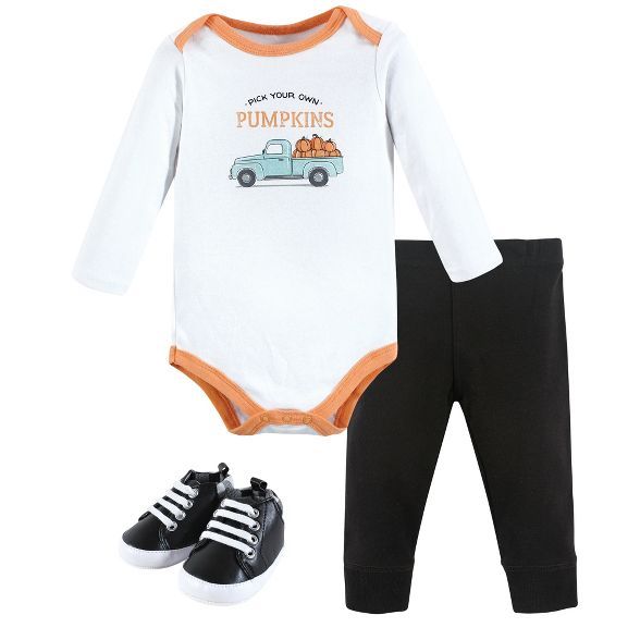 Hudson Baby Infant Boy Cotton Bodysuit, Pant and Shoe Set, Pumpkin Truck | Target