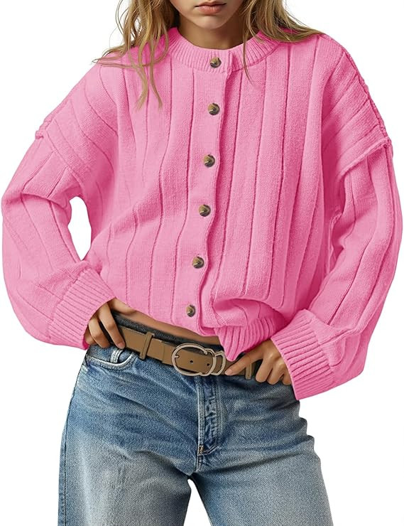 Saodimallsu Womens Open Front Cardigan Sweaters Button Down Knit Long Sleeve Crewneck Casual Loos... | Amazon (US)