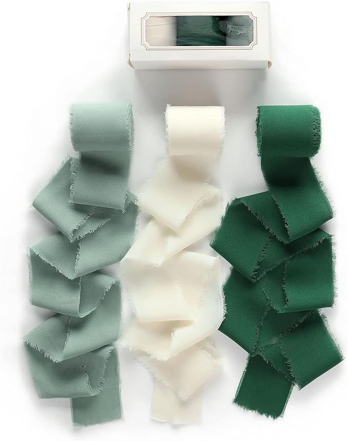 Pretty Jolly Chiffon Silk Ribbon for Gift Wrapping 3 Rolls 1.97" x 7Yd Cream & Green Ribbons Set ... | Amazon (US)