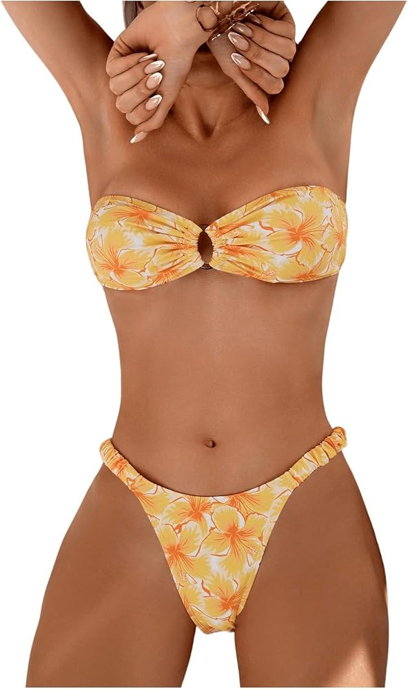 WDIRARA Women's Strapless Bandeau Smocked 2 Piece Swimsuit Floral Print O Ring Cheeky Bottom Biki... | Amazon (US)