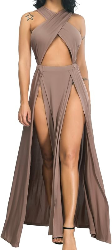 Velius Women Sexy Hollow Out Halter Wrap Sleeveless Plain Pleated Slit Casual Long Maxi Dress | Amazon (US)