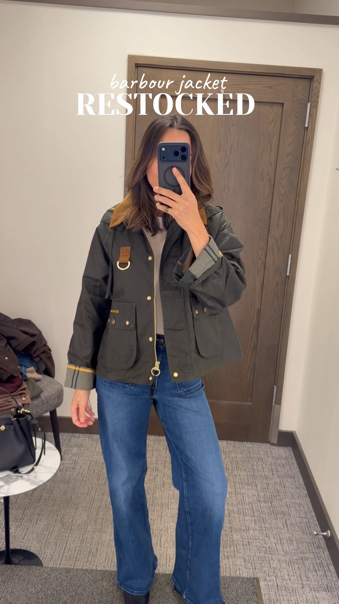 Barbour nsale jacket restocked in sizes 6-14! One of the most beautiful jackets. Wearing size 4 

Madewell emmet jeans 
Boots nsale