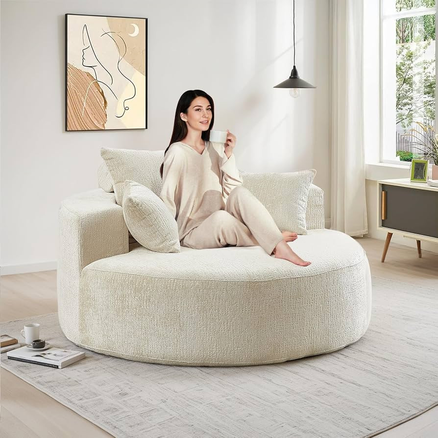 Oversized Round Chaise Longue Chair Indoor, Modern 55-inch Upholstered Chenille Deep Seat Circle ... | Amazon (US)