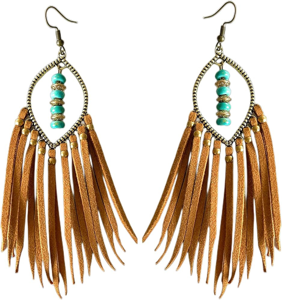 Bohemian Fringe Leather Earrrings Handmade Tassel Earrings with Turquoise Long Dangle Earrings fo... | Amazon (US)