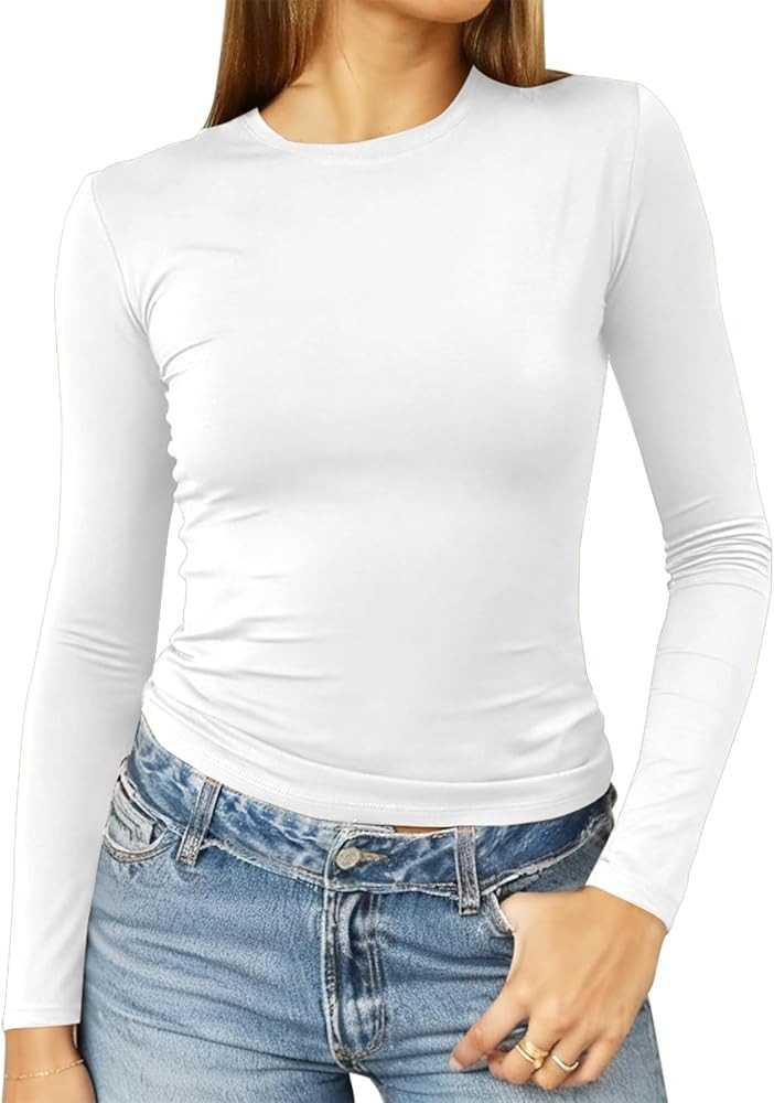 Abardsion Women's Long Sleeve Shirts Spring 2026 Casual Basic Going Out Crop Tops Slim Fit Tight ... | Amazon (US)