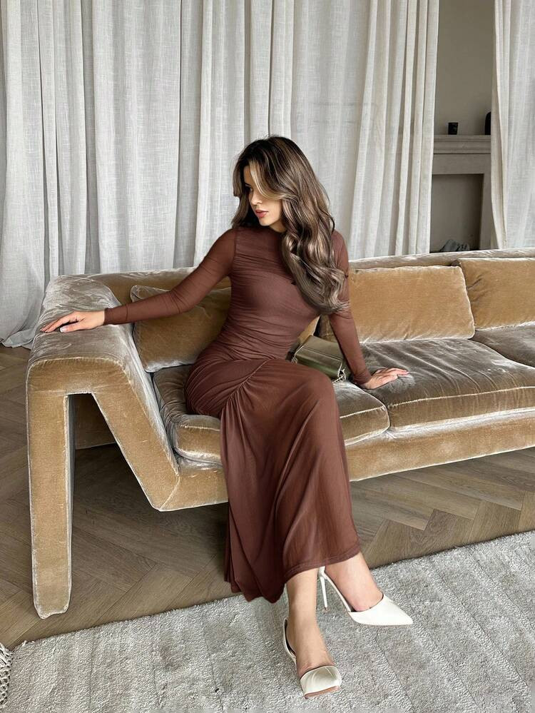 Jemour Women Mesh Long Sleeve Round Neck Dress, Suitable For Autumn Clothing, Back To School Outf... | SHEIN