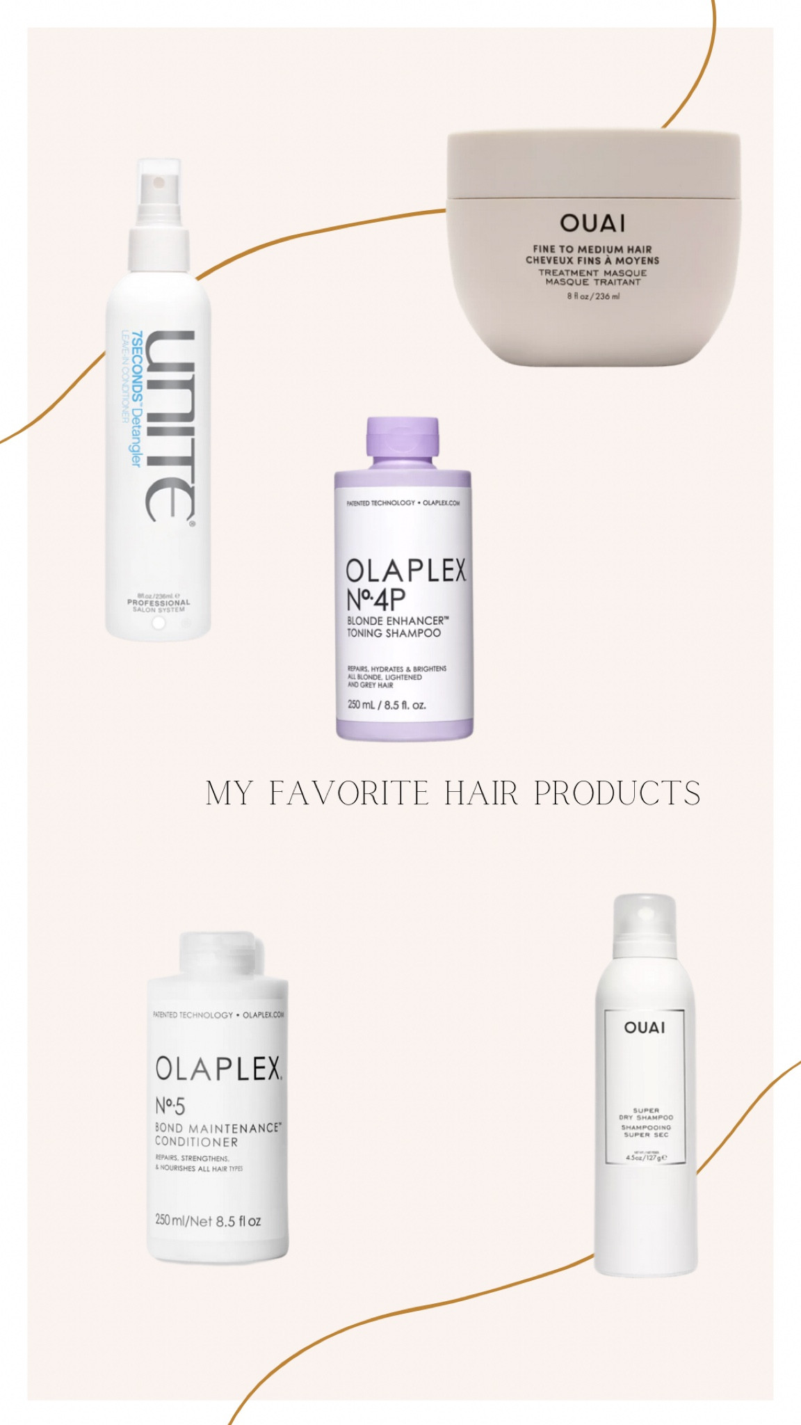 My favorite hair products! Especially the United hair detangler- this is a game changer. Spray in your dried wet hair after the shower and within 7 seconds you have hair that’s easy to brush through with a wet brush! Also blondes- the olaplex purple shampoo is amazing to keep your cooler tones. 

#LTKunder50 #LTKstyletip #LTKGiftGuide