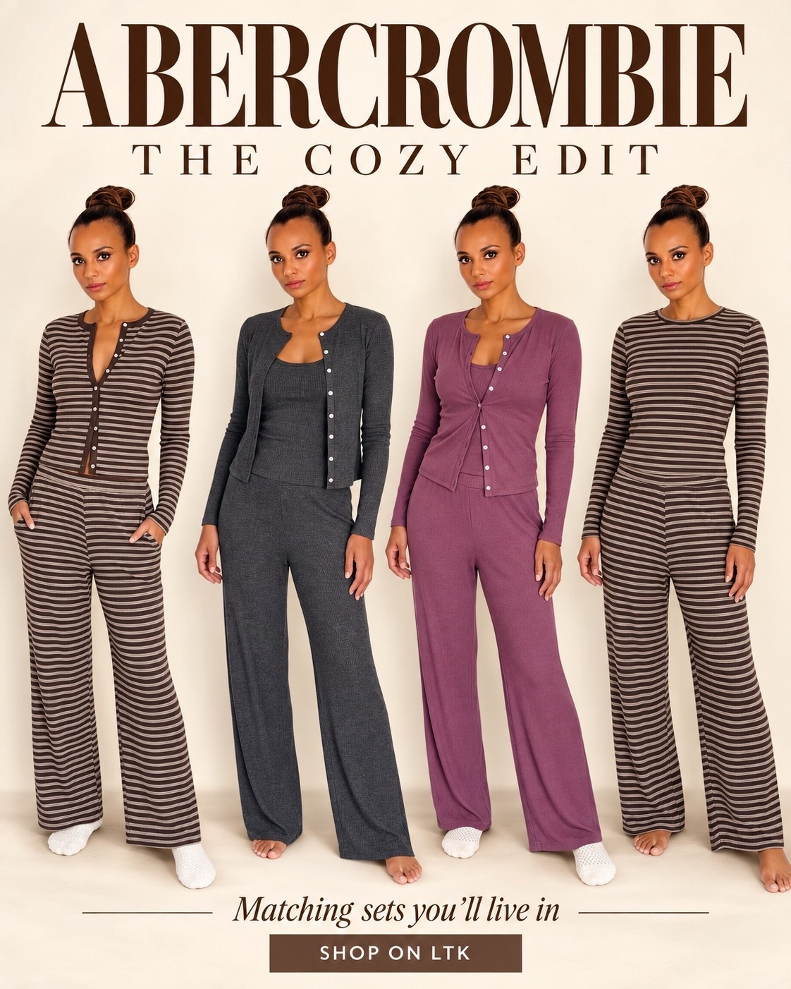 Cozy but put together 🤎 Abercrombie matching lounge sets featuring modal-blend wide-leg pants, cardigan and cami sets, and striped long-sleeve tops. Loving these chocolate stripes, charcoal gray, and plum shades for cozy fall outfits, relaxed weekends, and lounging at home. Wear together or mix and match!

Shop these Abercrombie loungewear looks below ✨

#LTKStyleTip #LTKSeasonal #LTKFinds #Abercrombie #MatchingSets #Loungewear #FallOutfits