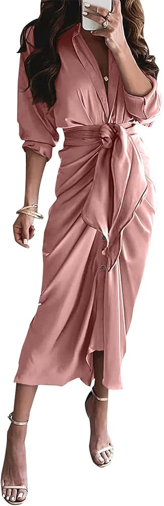 BTFBM Women 2023 Long Sleeve Lapel V Neck Button Down Satin Dress Belted Elegant Ruched Spring Su... | Amazon (US)