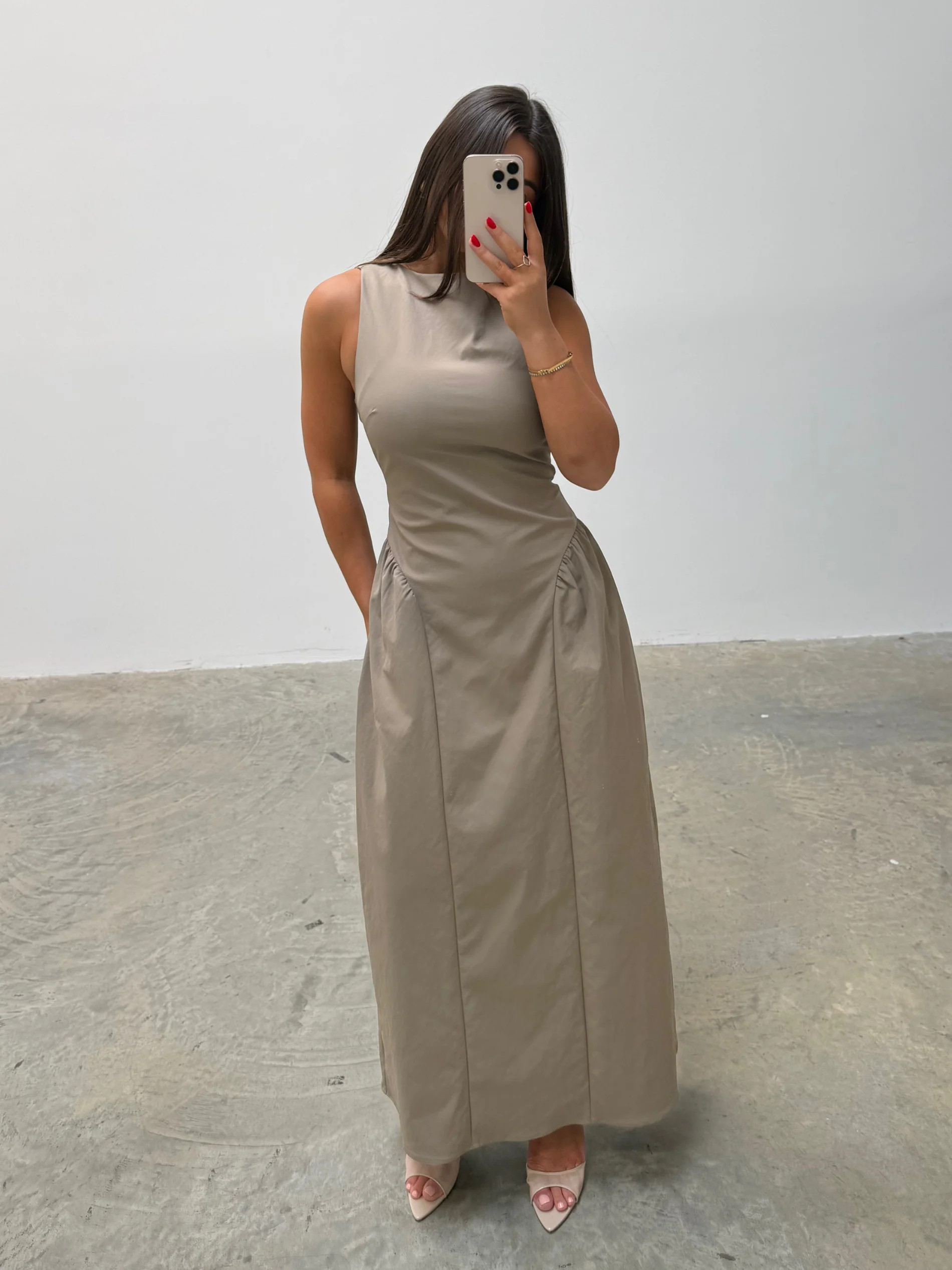 Sylvie Slash Neck Midaxi Dress - Taupe | Pretty Lavish (UK)
