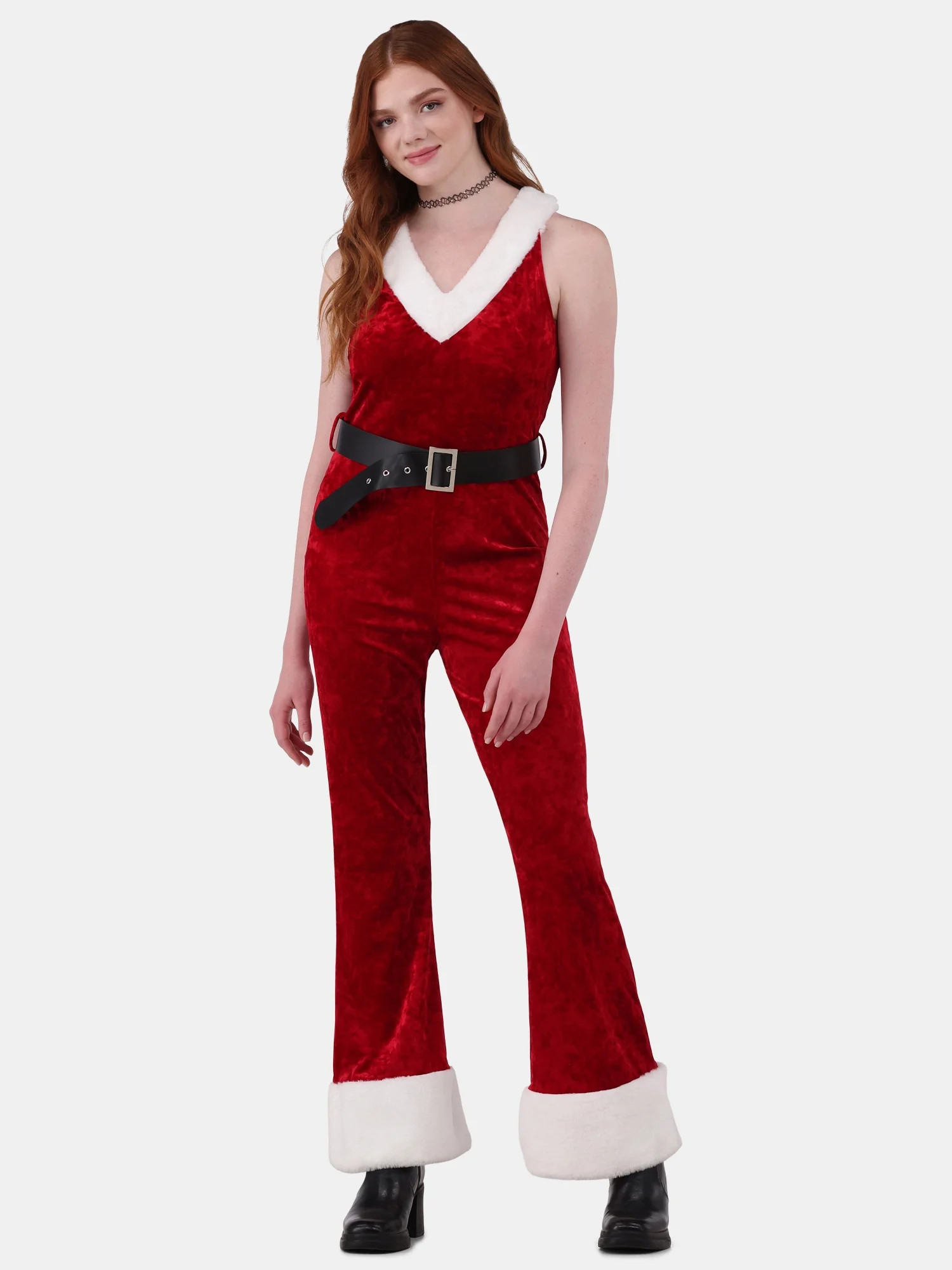 No Boundaries Sleeveless V-Neck Santa Jumpsuit, Women's and Women's Plus | Walmart (US)