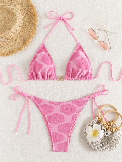 Random Floral Pattern Halter Triangle Tie Side Bikini Swimsuit | SHEIN
