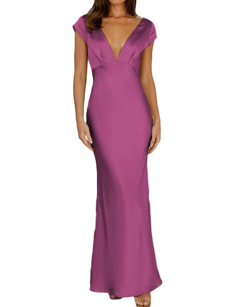 Halfisland Womens Summer Satin V Neck Cap Sleeve Backless Maxi Dress Elegant Twist Cut Out Midi D... | Amazon (US)