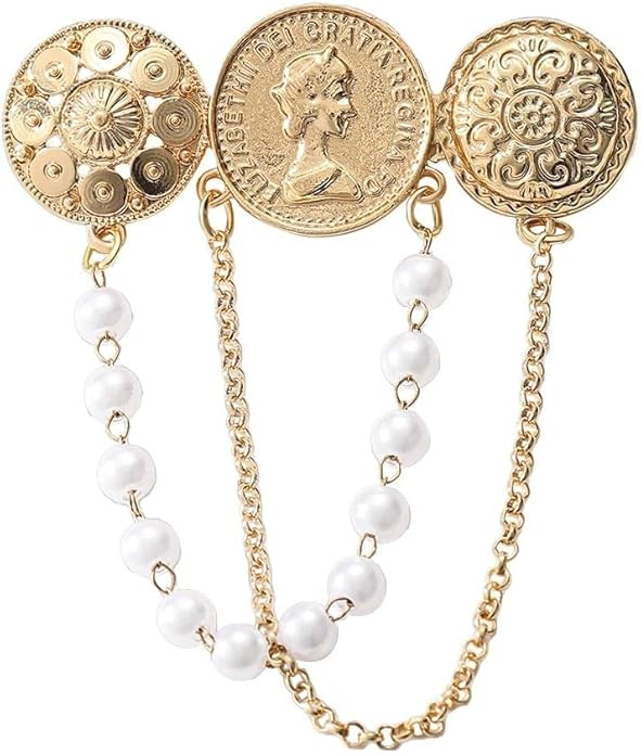 Gold-Toned Round Coin Tassel Chain Brooch Pin for Women Vintage Princess Queen Ball Chains Drop D... | Amazon (US)