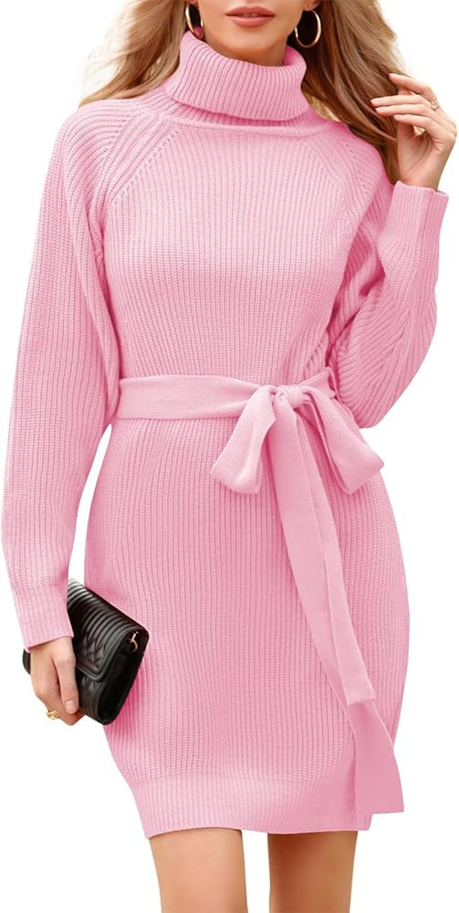 Womens Sweater Dress Turtleneck Long Sleeve Ribbed Knit Tie Waist Slim Fit Bodycon Pullover Fall ... | Amazon (US)
