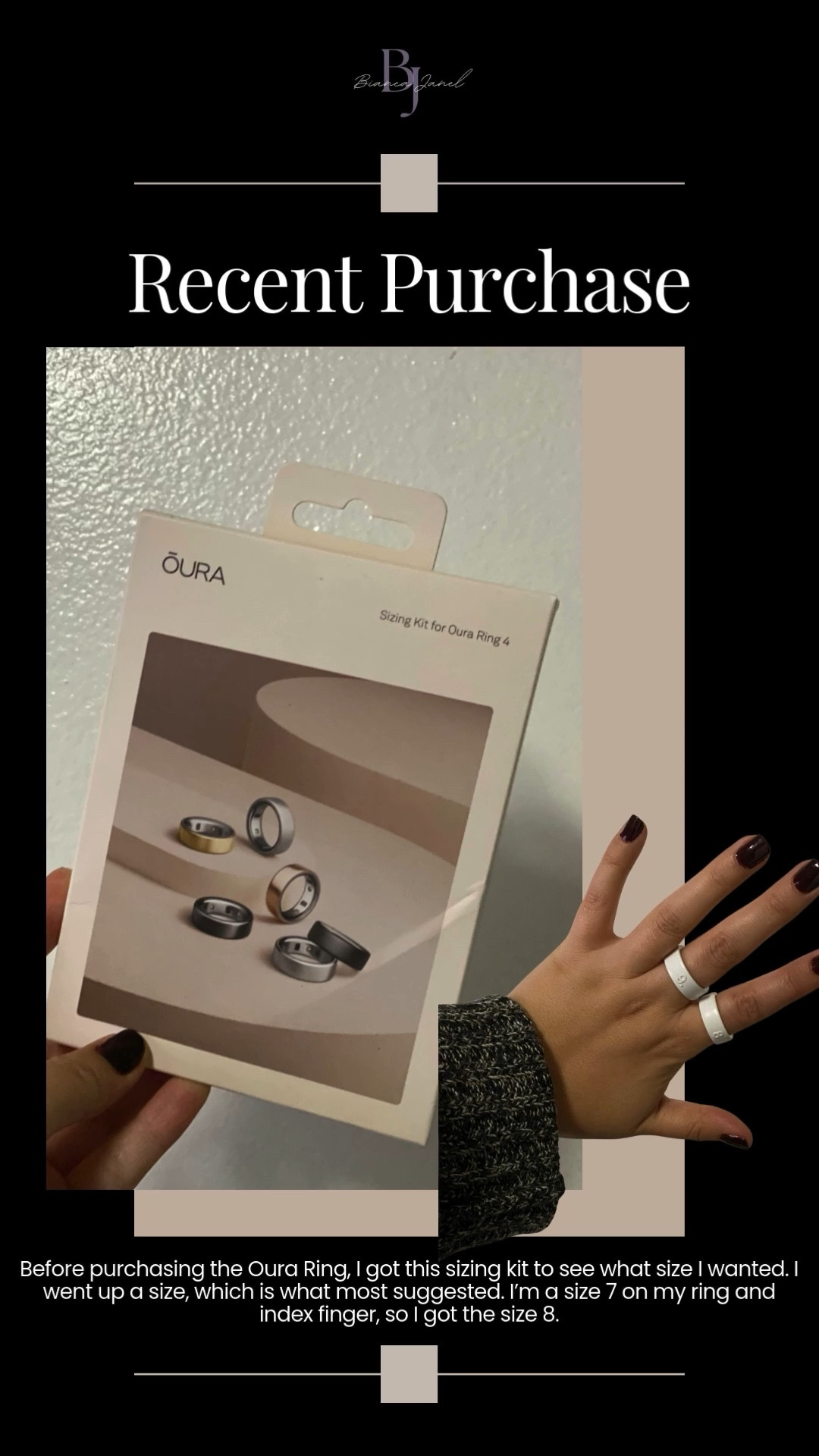 Just added the Oura Ring to my wellness lineup ✨

I grabbed the testing kit to make sure I picked the perfect fit, plus some cute ring covers to protect it while I’m living life (and still keeping my rings stackable + aesthetic 💁🏻‍♀️).

Already obsessed with tracking my sleep, steps, and recovery,  it’s giving main character wellness energy.

#OuraRing #WellnessTools #SleepTracking #biancajanel #LTKFinds 

#LTKGiftGuide #LTKCyberWeek #LTKHoliday