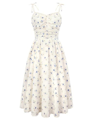 Belle Poque Women Spring Summer Wedding Guest Dress 2026 Floral Midi Tea Party Spaghetti Ruched Sun Dresses Blue Floral S | Amazon (US)