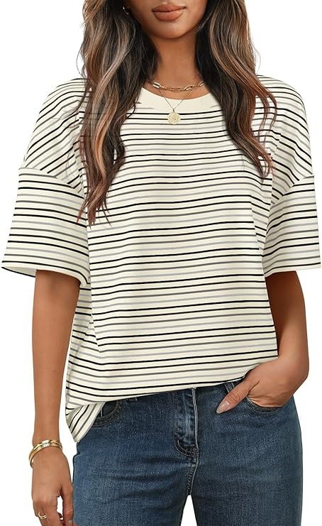 MEROKEETY Women's Summer Short Sleeve Shirt Casual Colourful Striped Crewneck Loose Tops Blouse | Amazon (US)