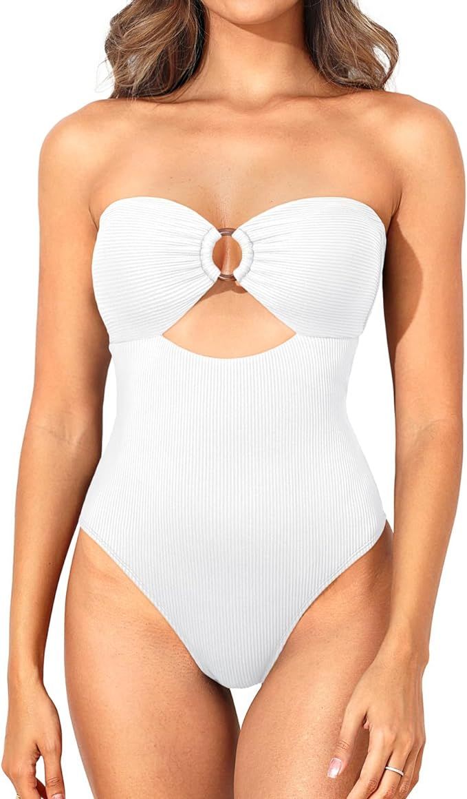 Holipick Ribbed Strapless Bandeau One Piece Swimsuits for Women Cutout Cheeky Bathing Suits | Amazon (US)