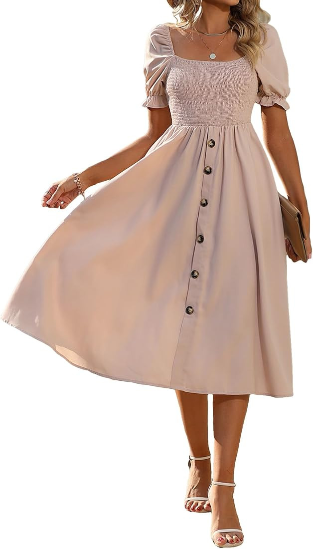 MakeMeChic Women's Casual Square Neck Puff Short Sleeve Shirred High Waist Flared Hem A Line Midi Dr | Amazon (US)