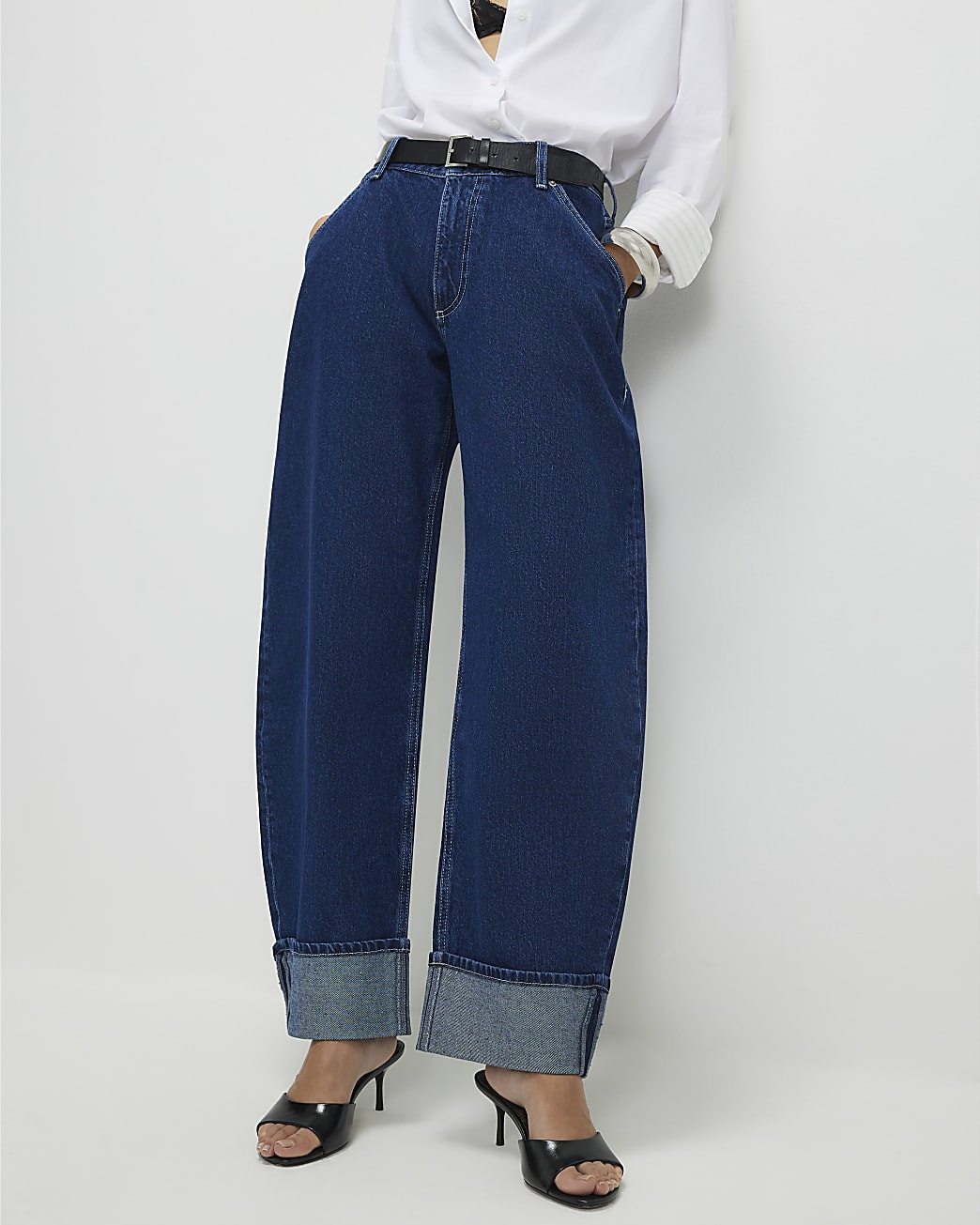 Blue Turn Up Cuff Barrel Leg Jeans | River Island UK & IE