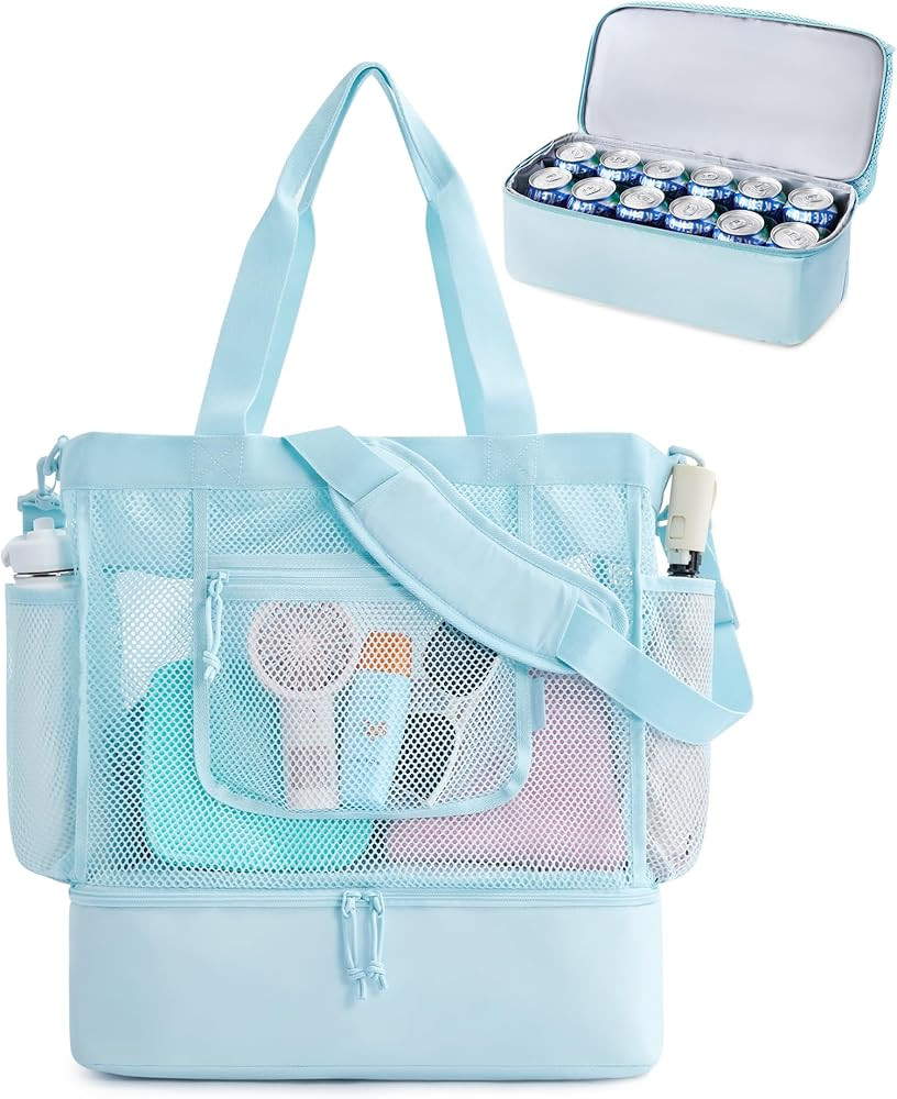 BAGSMART Beach Bag for Women, Mesh Tote Bags with Zipper, Sandproof Vacation Essentials with Cool... | Amazon (US)