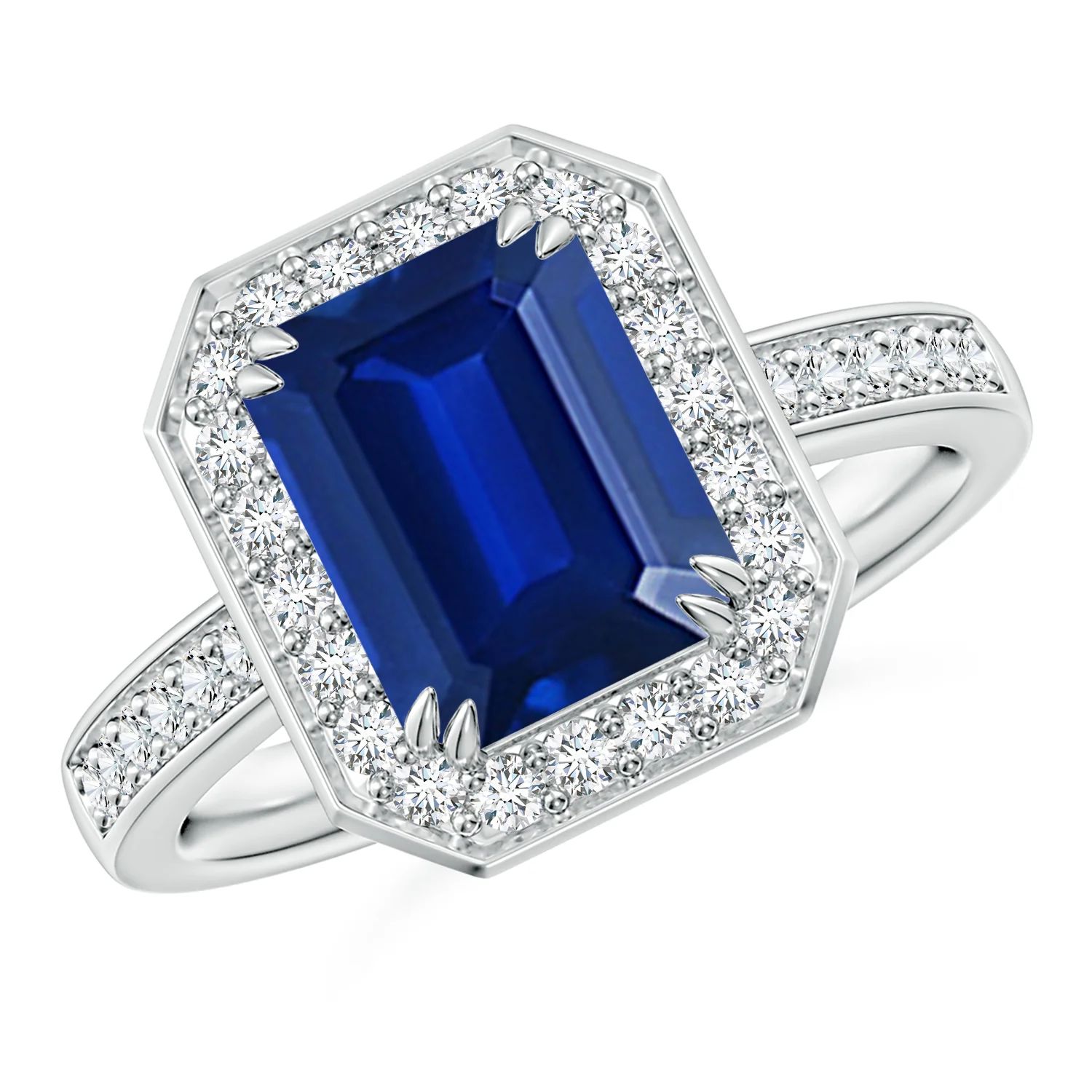 Emerald-Cut Blue Sapphire Engagement Ring with Diamond Halo | Angara | Angara