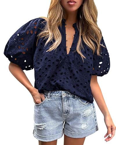 PRETTYGARDEN Women's Summer Tops 2025 Dressy Casual Short Sleeve V Neck Buttons Hollow Out Lace Embroidered Blouses Shirts (Navy,Small) | Amazon (US)