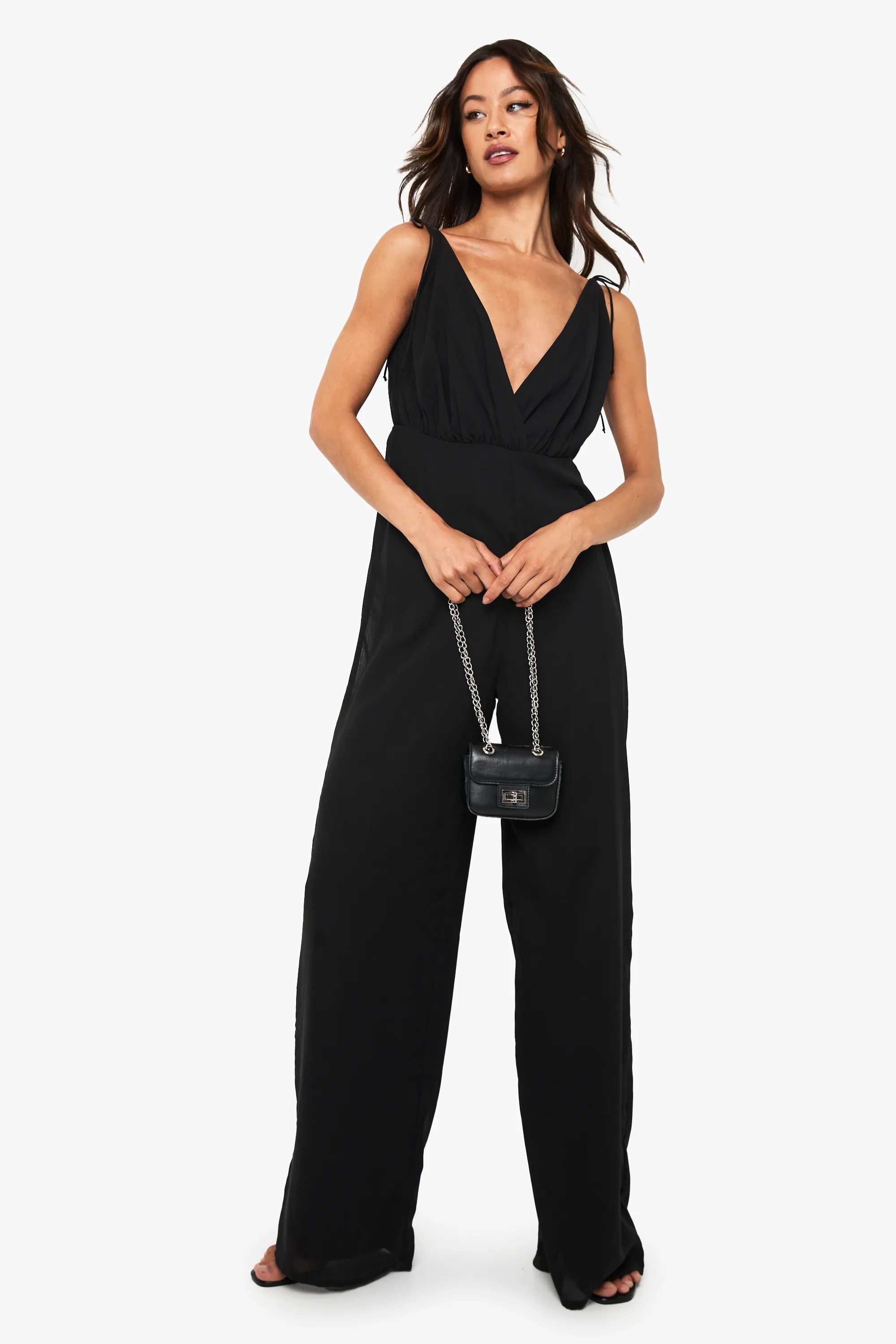 Black Tall Chiffon Strappy Wide Leg Jumpsuit | Boohoo USA | boohoo (US & Canada)