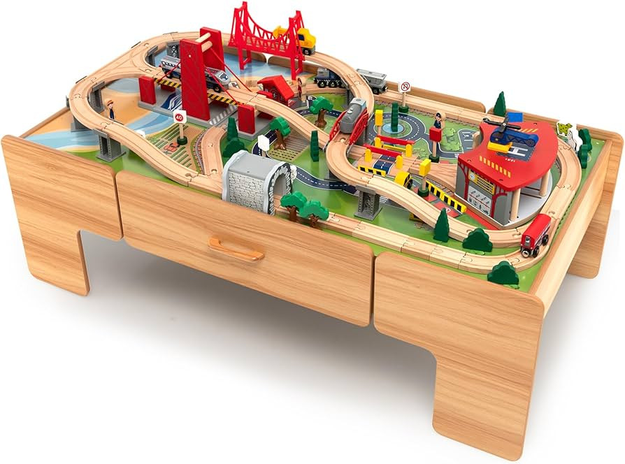 KOTEK Train Table with 100 Pieces, Wooden Kids Activity Table with Storage Drawer, Railway, Track... | Amazon (US)