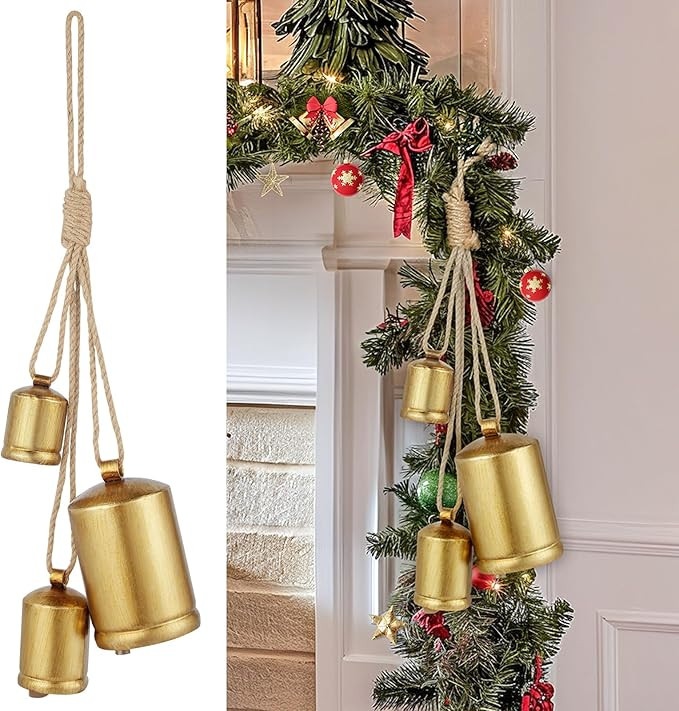 Minetom Set of 3 Christmas Bells, Decoraitve Brass Bells with Jute Hanging Rope for Christmas Dec... | Amazon (US)