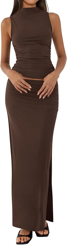 BTFBM Womens Two Piece Outfits Summer Lightweight 2025 Mock Neck Sleeveless Knit Tops Maxi Skirt ... | Amazon (US)