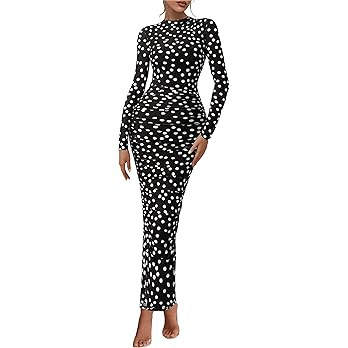 PRETTYGARDEN Women's Long Sleeve Maxi Dress 2025 Fall Ruched Bodycon Floral Mesh Formal Wedding G... | Amazon (US)