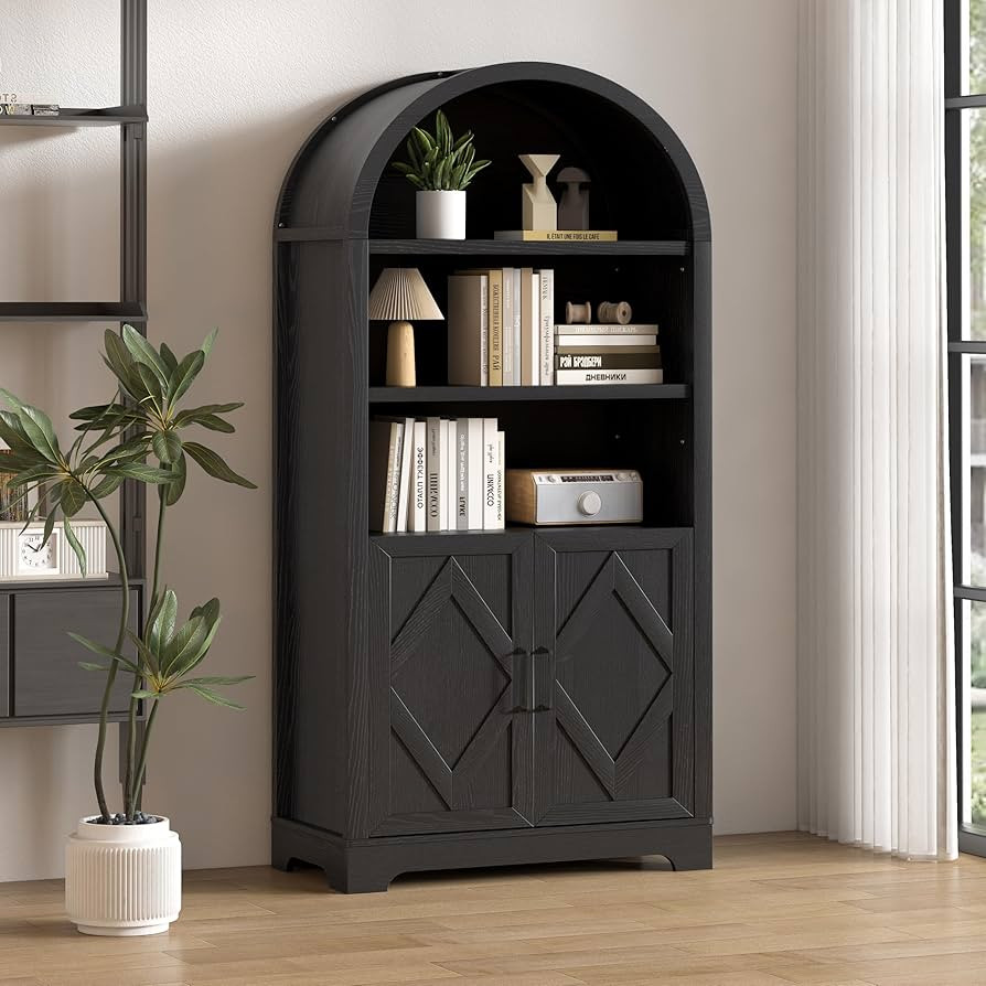 Vipbear 71" Tall Arched Cabinet Bookcase with Storage Mid-Century Farmhouse 5-Tier Bookshelf with... | Amazon (US)